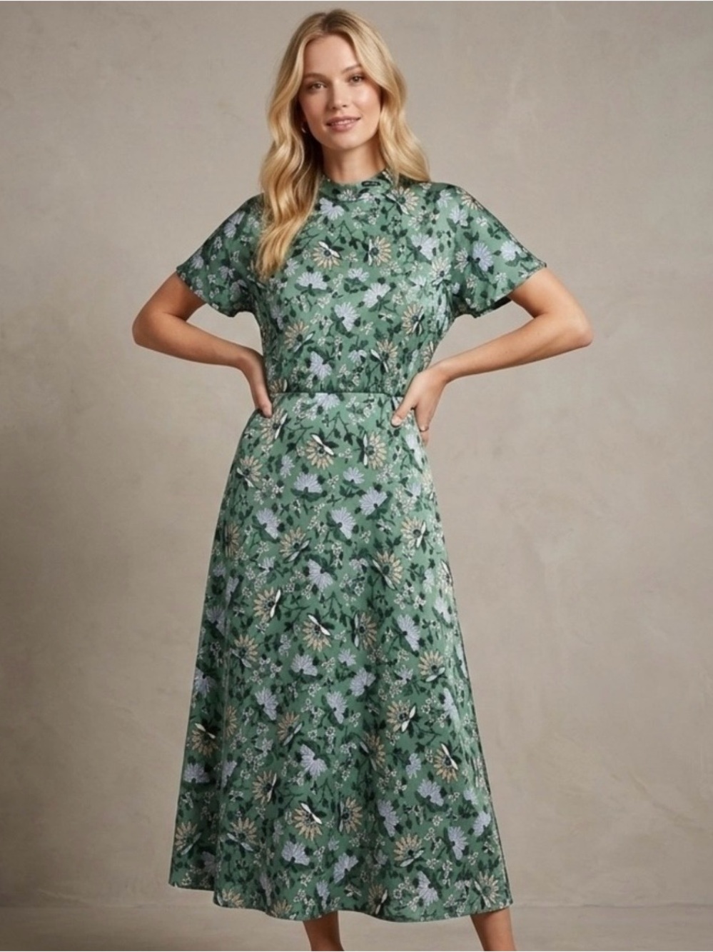 Ann Taylor Green Floral Midi Dress- Size 6